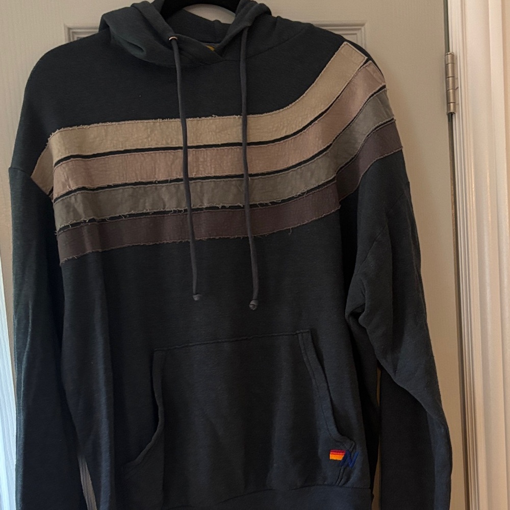 Aviator Nation Black Hoodie with Beige, Taupe & Brown Stripes